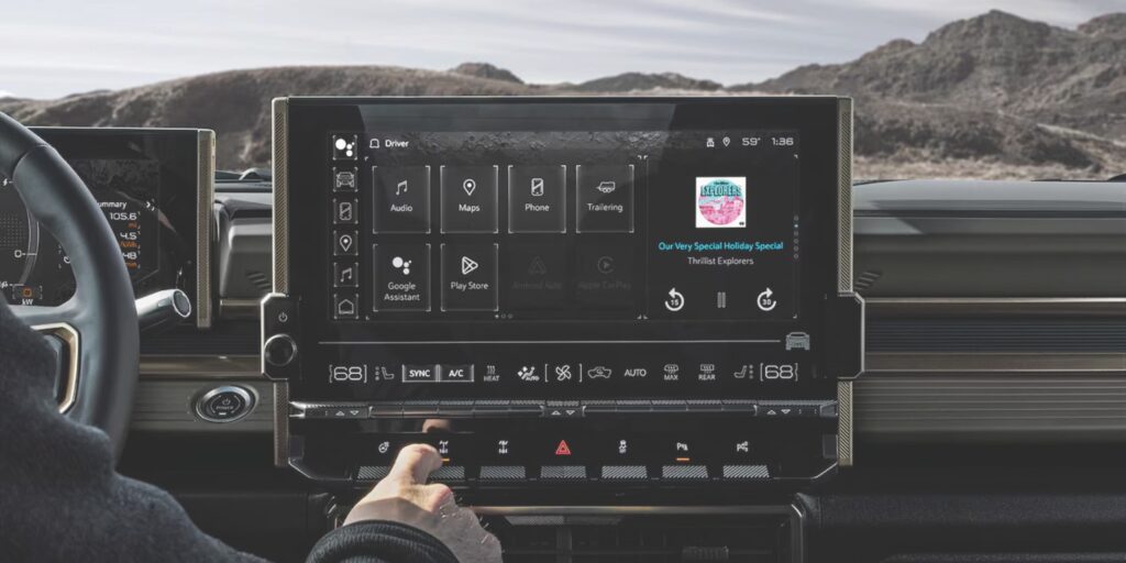 Digital control panel and multimedia screen inside the 2025 Hummer EV, showcasing smart features and immersive technology.